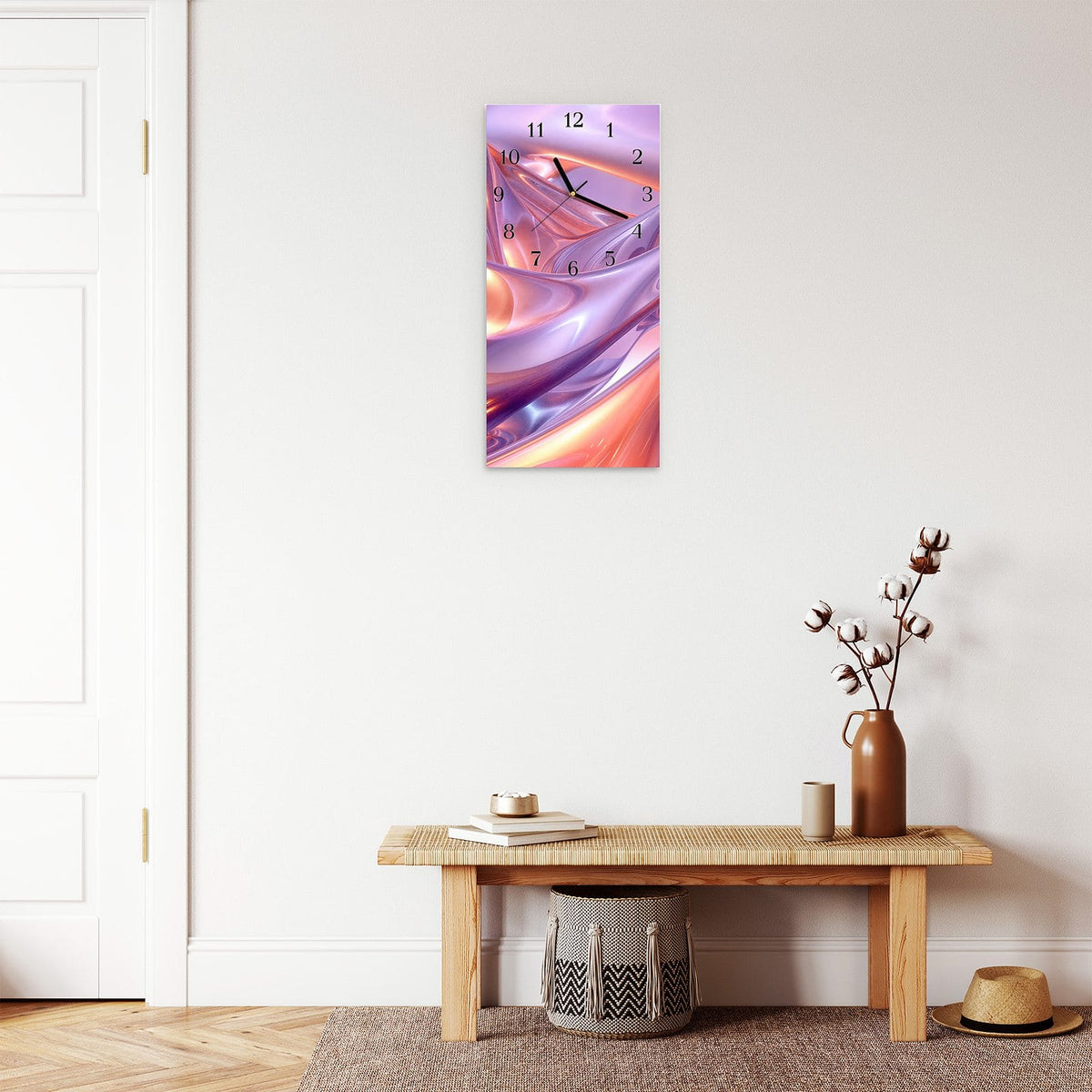 Moderne Wanduhr aus Glas mit Farbtiefe – Wanduhr Abstrakte Wellenform aus Glas – Hochformat 30 × 60 cm