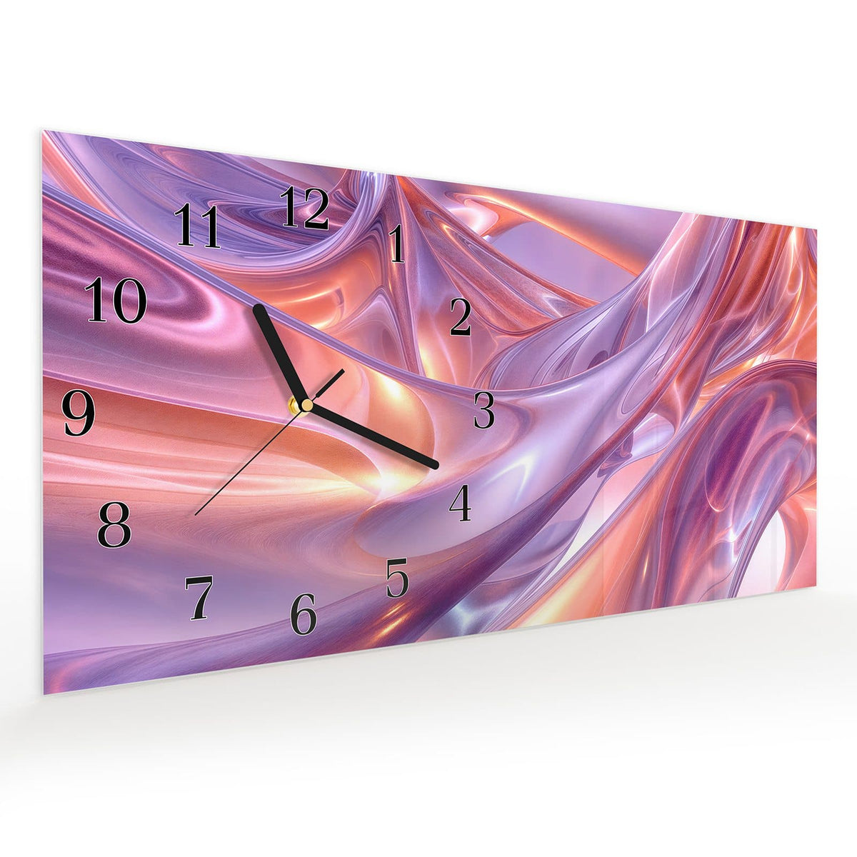 Vormontiert – mit Schwebeeffekt – Wanduhr Abstrakte Wellenform aus Glas – Querformat 60 × 30 cm