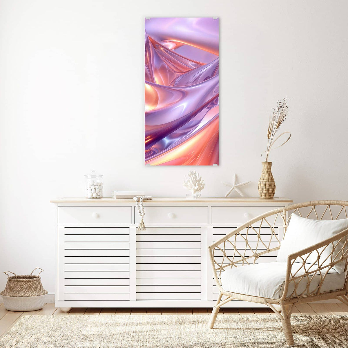 Glasbild Glänzende Lilawellen an der Wand – Glänzende 3D-Bänder in Flieder, Rosa und Apricot