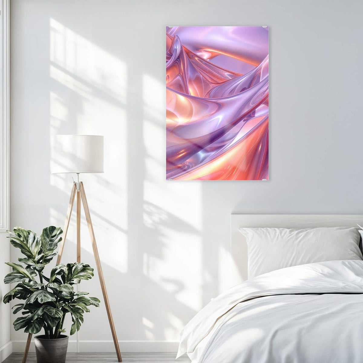 Glasbild Glänzende Lilawellen an der Wand – Glänzende 3D-Bänder in Flieder, Rosa und Apricot