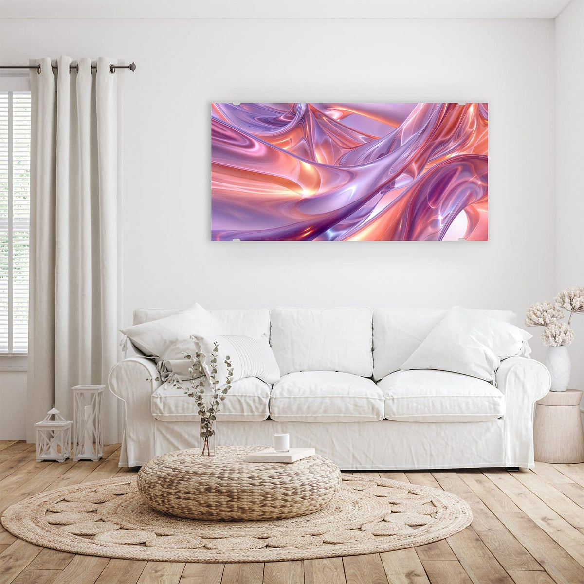 Wandbild - Glänzende Lilawellen - Querformat – Glänzende Bänder in Flieder und Rosa