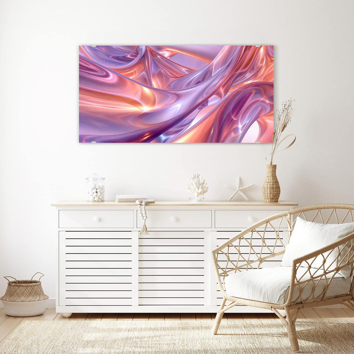 Echtglas, 4 mm – kein Acryl, keine Folie – Wandbild - Glänzende Lilawellen - Querformat