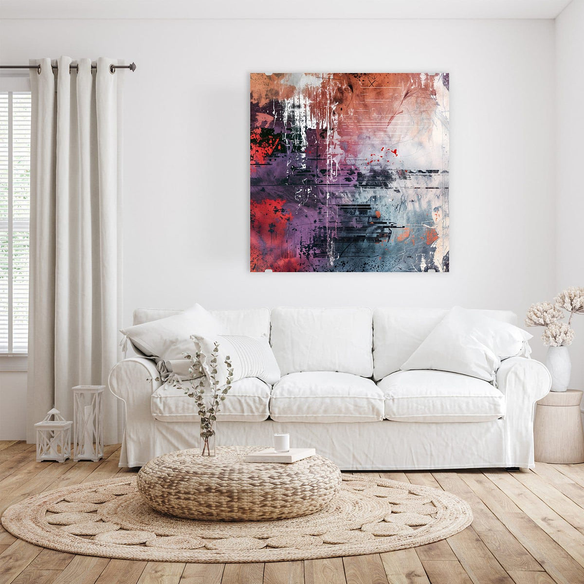 Glasbild Farbschlieren in Lila an der Wand – Verwischte waagerechte Farbschlieren in Lila, Rot und Grau mit Kratzern