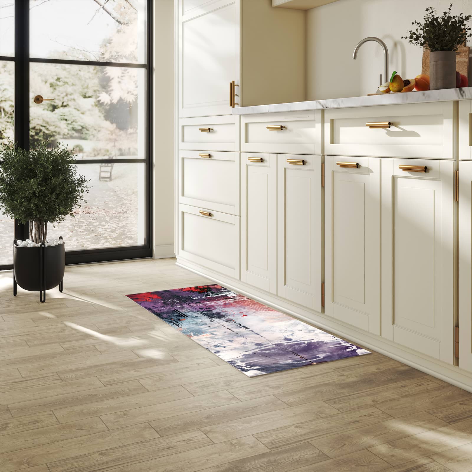 Feuchtigkeitsresistenter Küchenteppich mit Motiv Kunst von Abstrakte in heller Küche