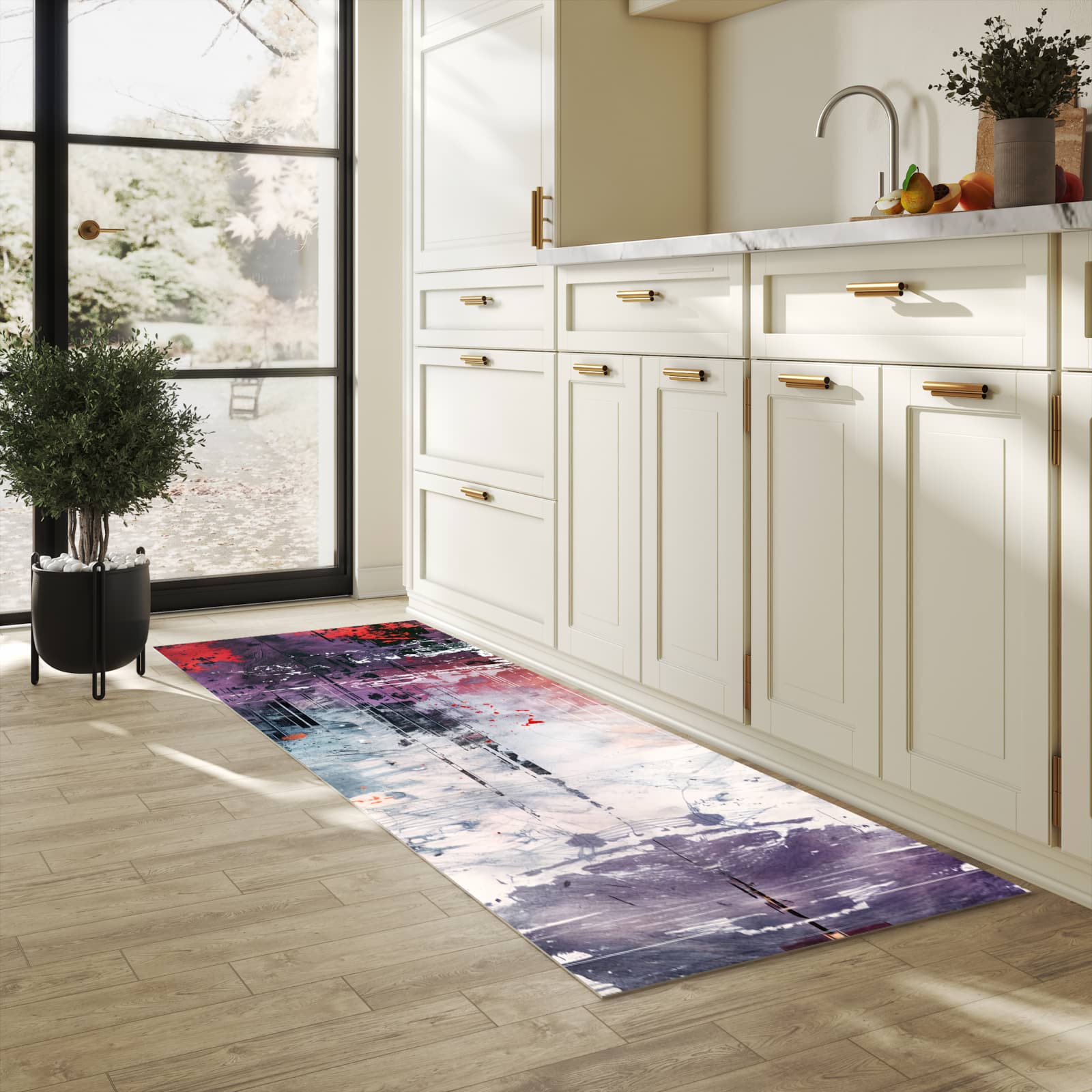 Zeitsparender waschbarer Küchenteppich mit Motiv Kunst von Abstrakte in heller Küche