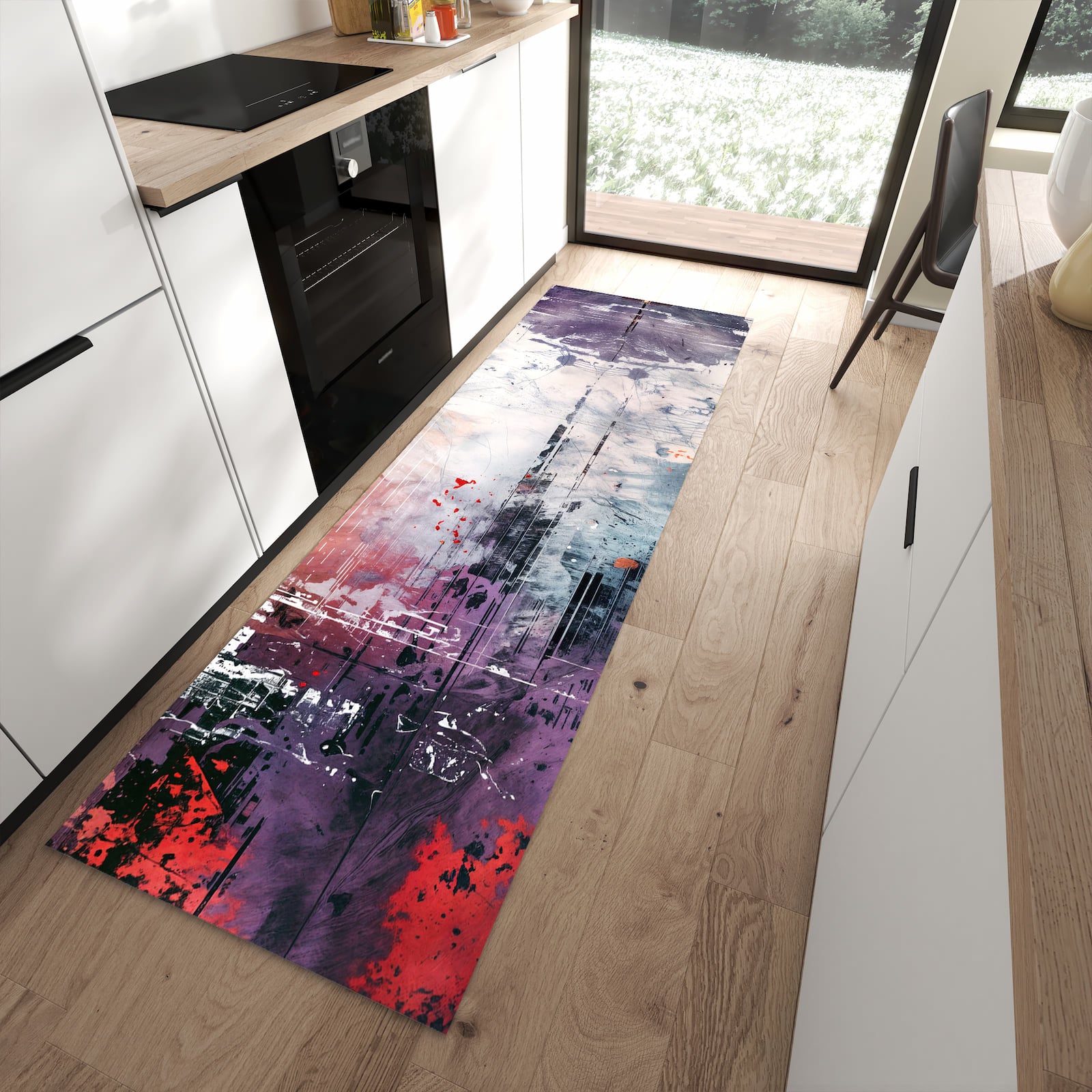 Fleckenresistenter Küchenteppich mit Motiv Kunst von Abstrakte in moderner Küche
