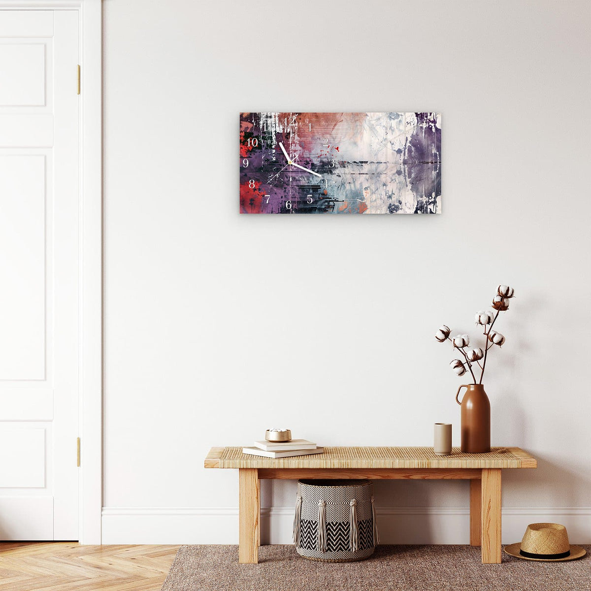 Moderne Wanduhr aus Glas mit Farbtiefe – Wanduhr Abstrakte Kunst Komposition aus Glas – Querformat 60 × 30 cm