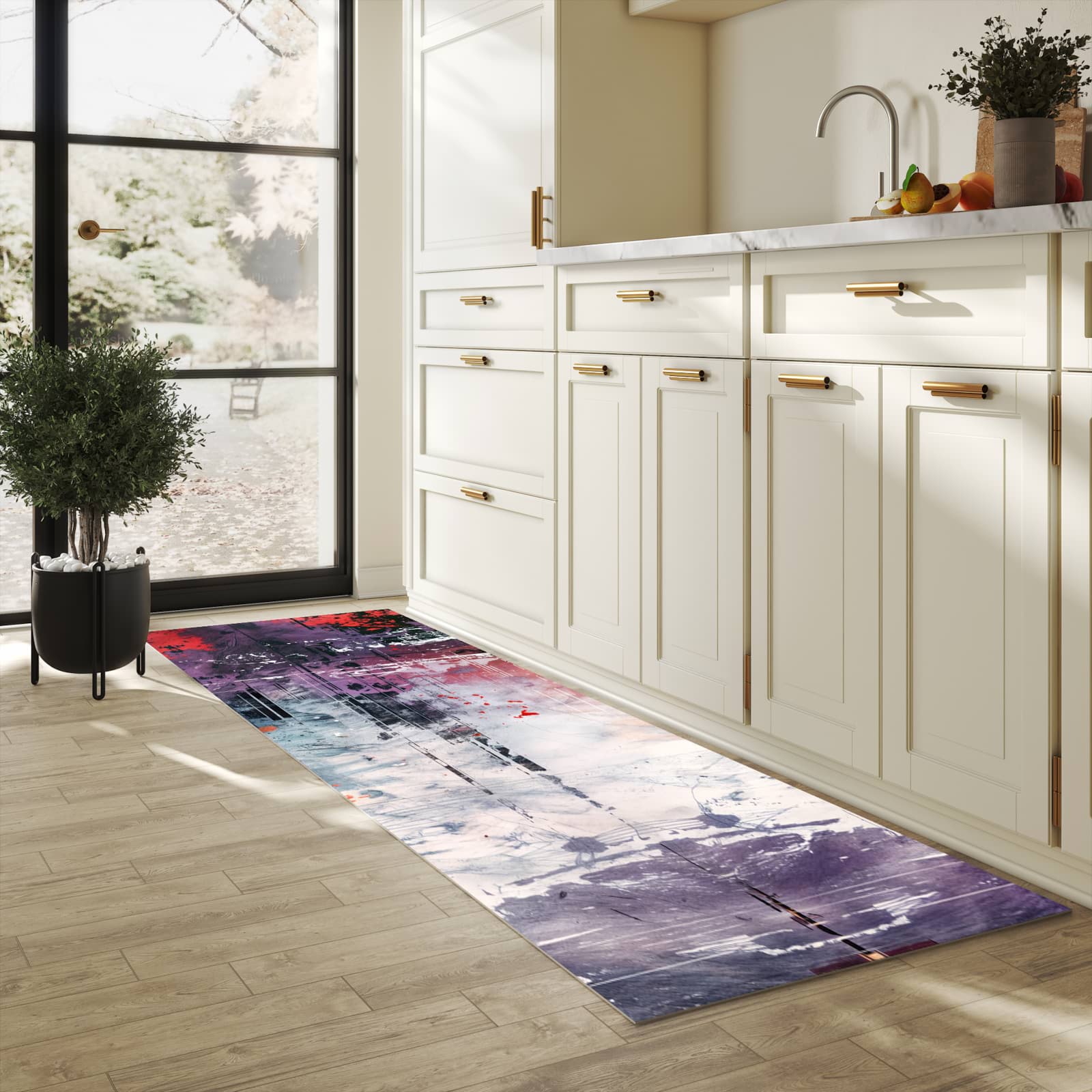 Geräuschdämpfender Küchenläufer mit Motiv Kunst von Abstrakte in heller Küche