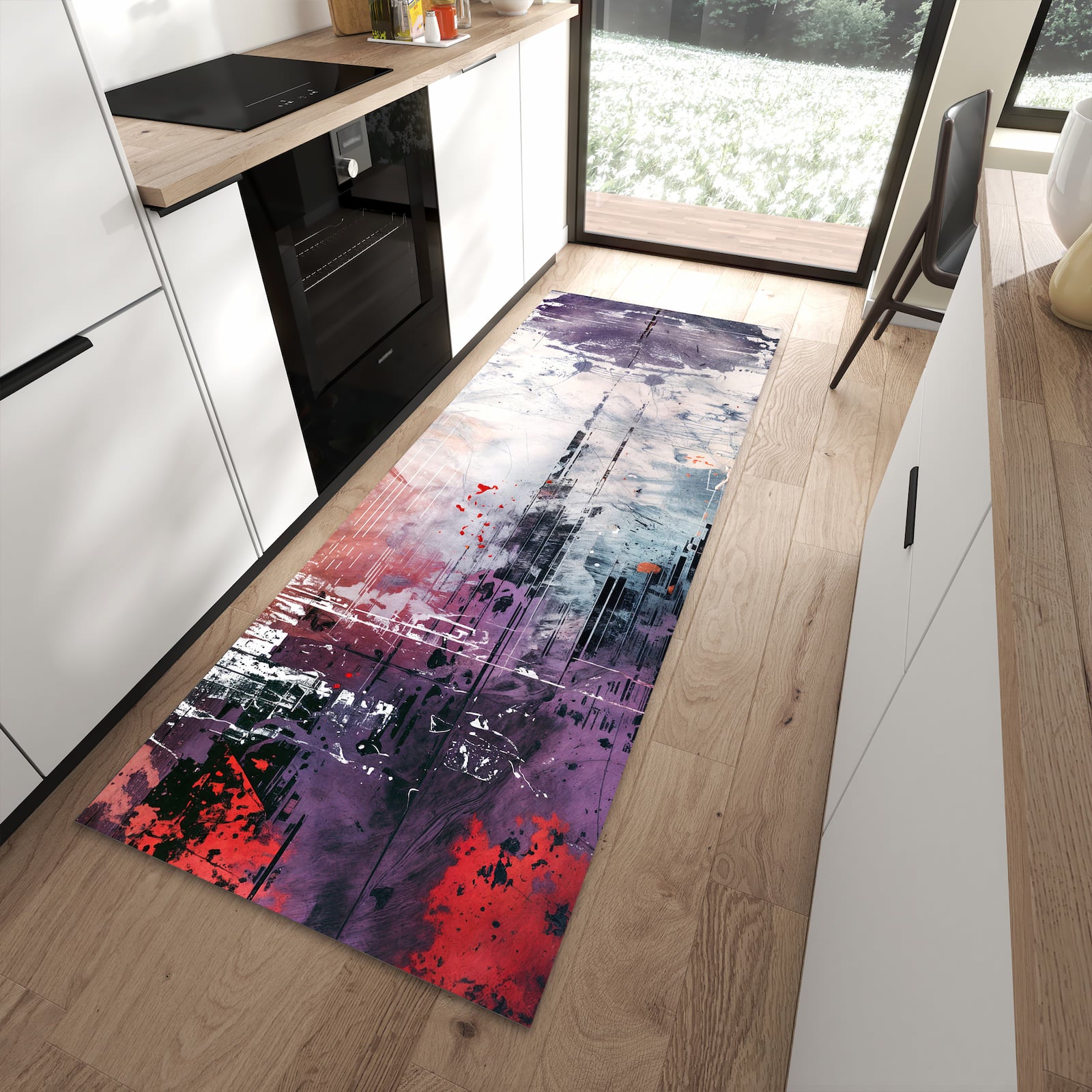 Flacher Küchenteppich mit Motiv Kunst von Abstrakte in moderner Küche