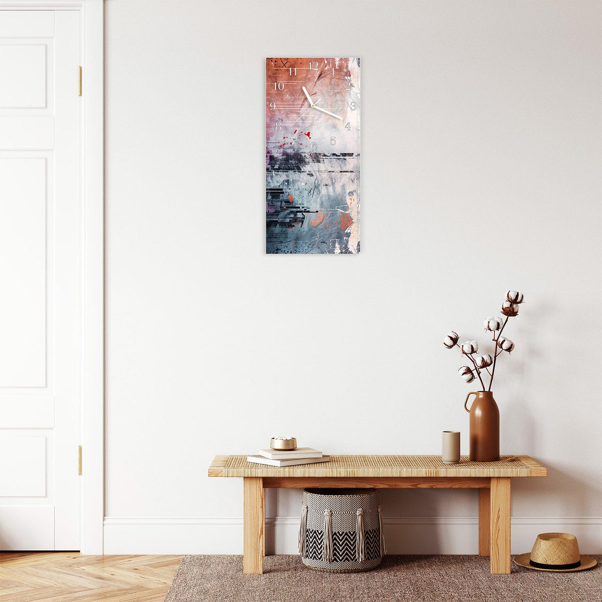 Moderne Wanduhr aus Glas mit Farbtiefe – Wanduhr Abstrakte Kunst Komposition aus Glas – Hochformat 30 × 60 cm