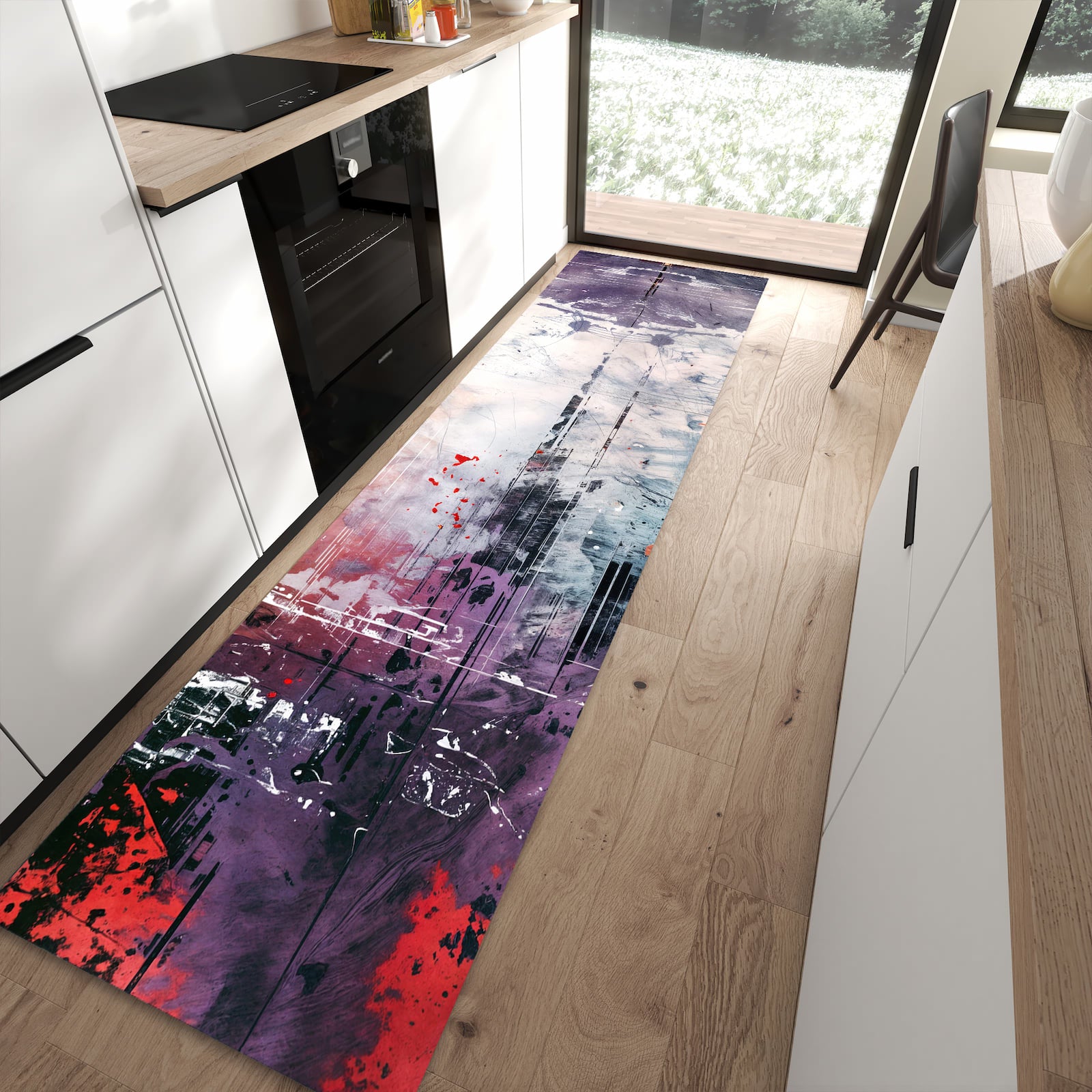 Geruchsneutraler Küchenteppich mit Motiv Kunst von Abstrakte in moderner Küche