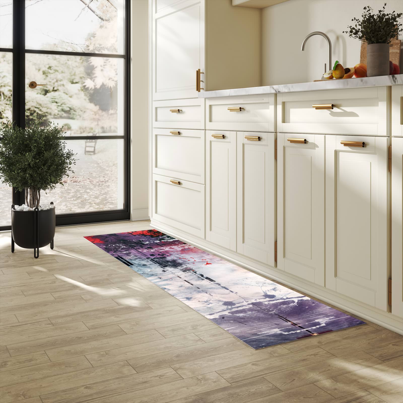 Küchenteppich mit Motiv Kunst von Abstrakte für Ordnung in heller Küche