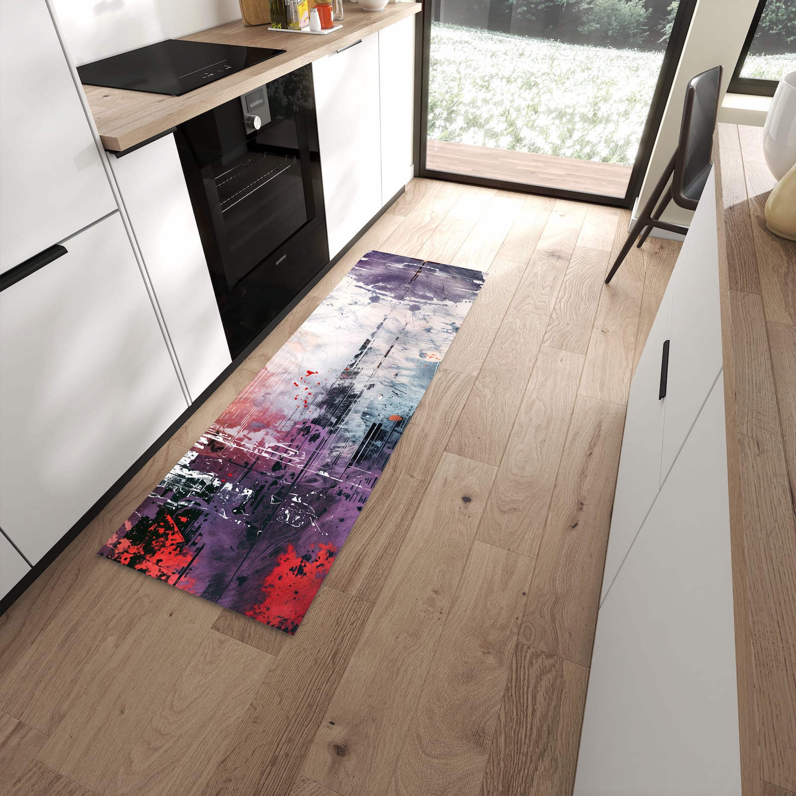 Zeitsparender Küchenläufer nach Maß mit Motiv Kunst von Abstrakte in moderner Küche