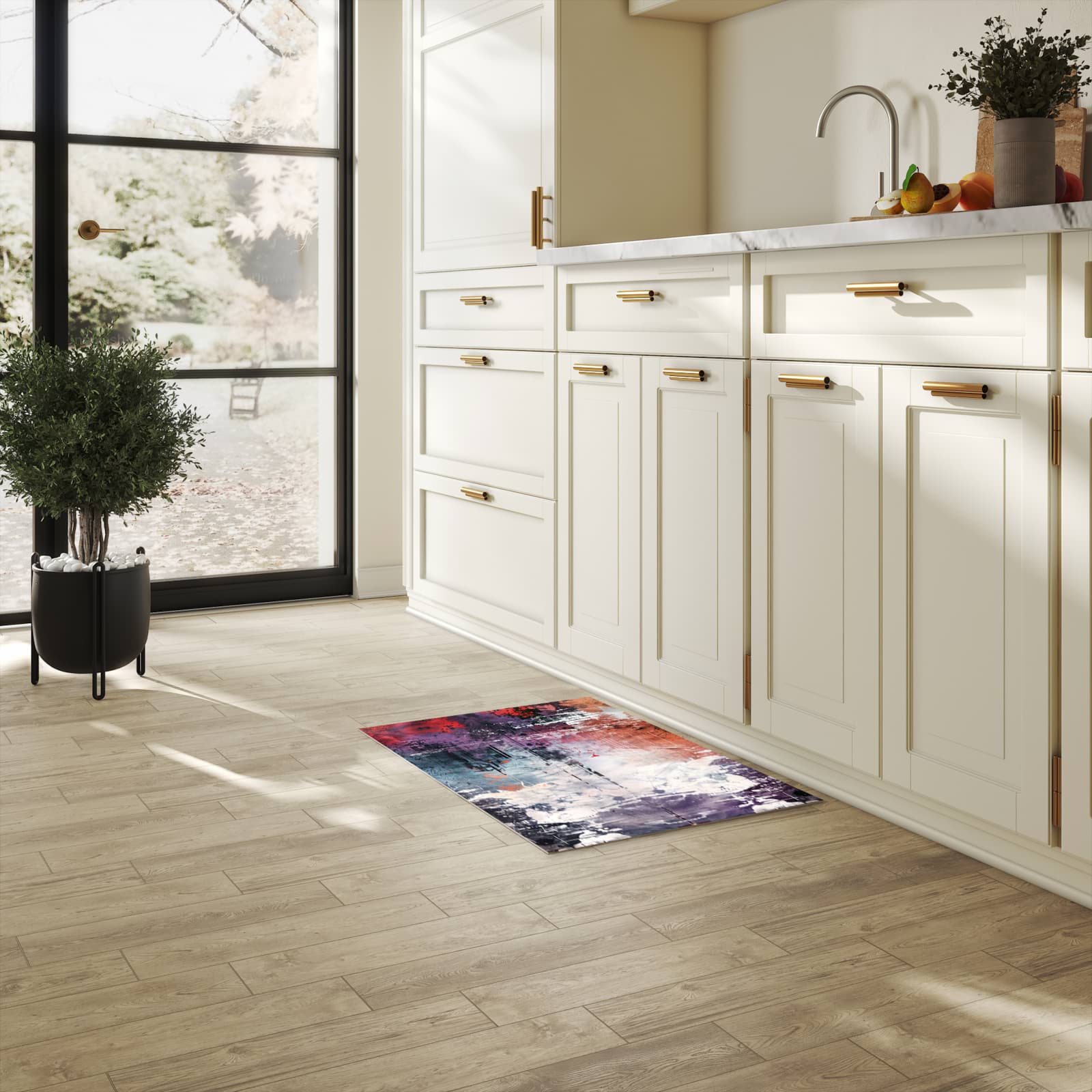 Formstabiler großer Küchenteppich mit Motiv Kunst von Abstrakte in heller Küche