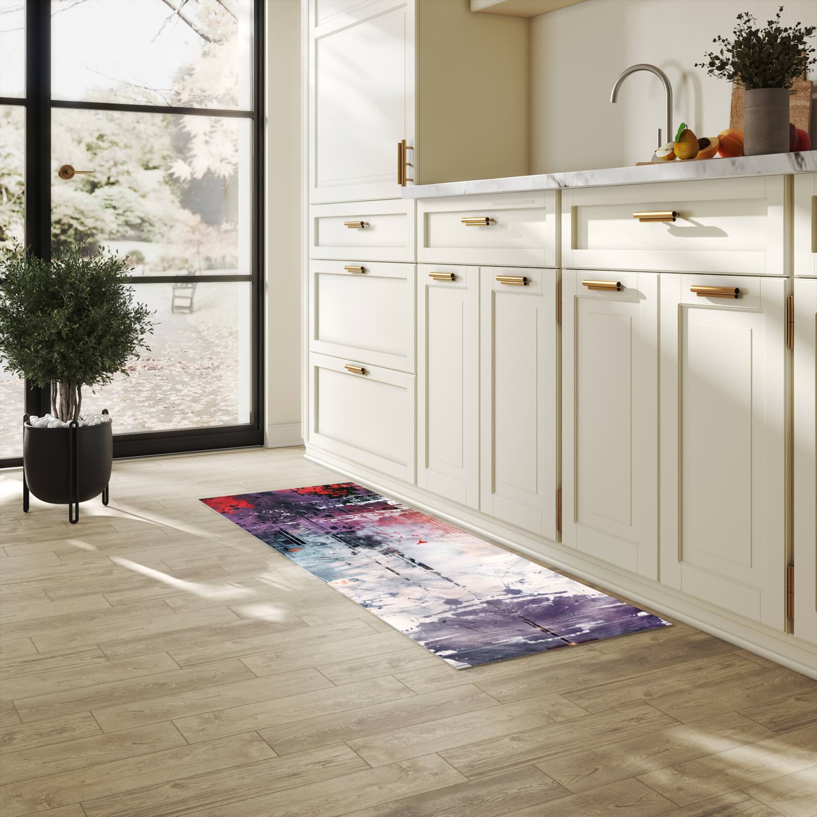 Rutschfester Küchenteppich mit Motiv Kunst von Abstrakte in heller Küche schützt den Boden