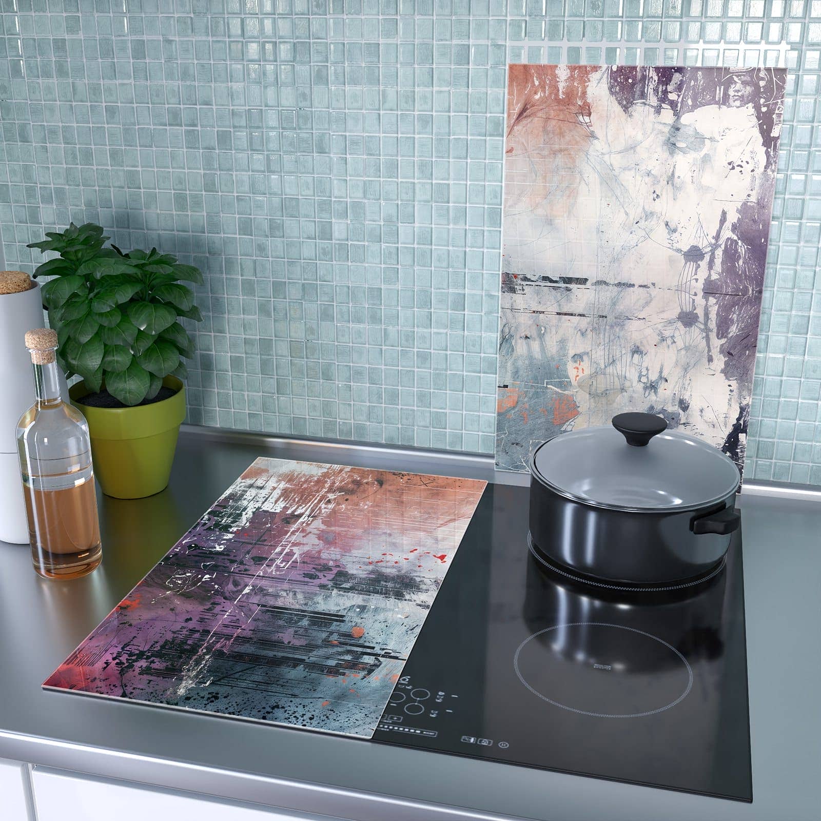 2-teilige Abdeckung für Herdplatte mit Abstrakte Kunst Komposition-Motiv als Spritzschutz hinter dem Kochfeld