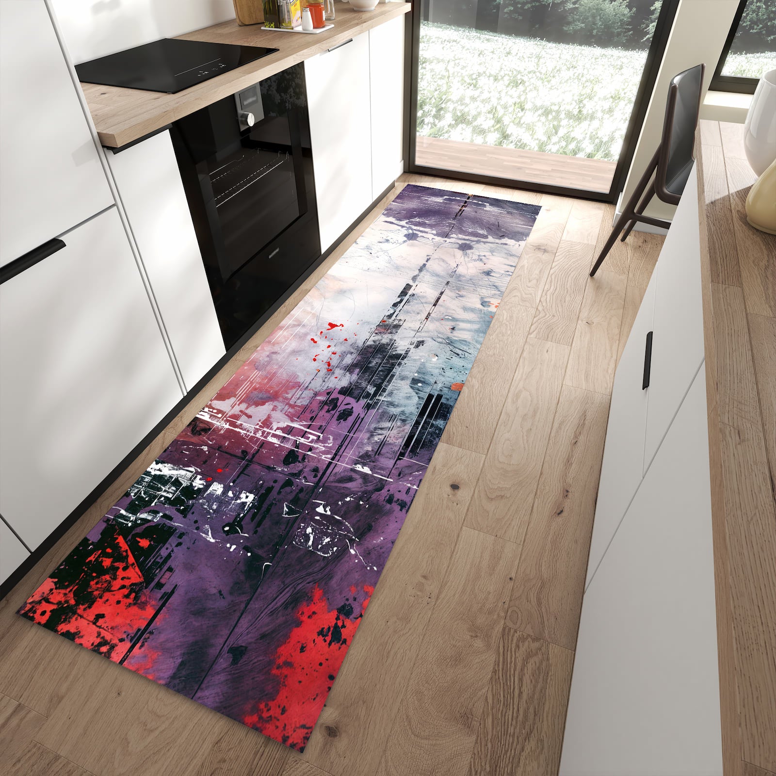 Schmutzabweisender Küchenteppich mit Motiv Kunst von Abstrakte in moderner Küche