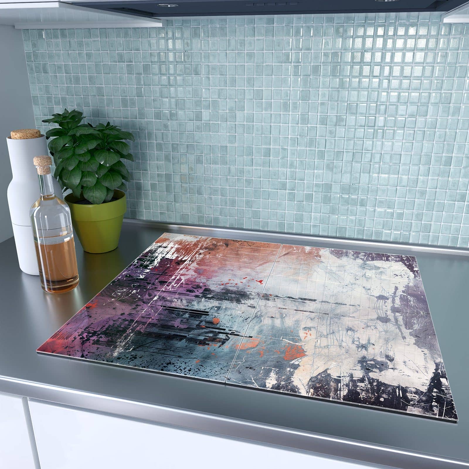 2-teilige Herdabdeckplatten aus Glas mit Abstrakte Kunst Komposition-Motiv auf dem Ceranfeld