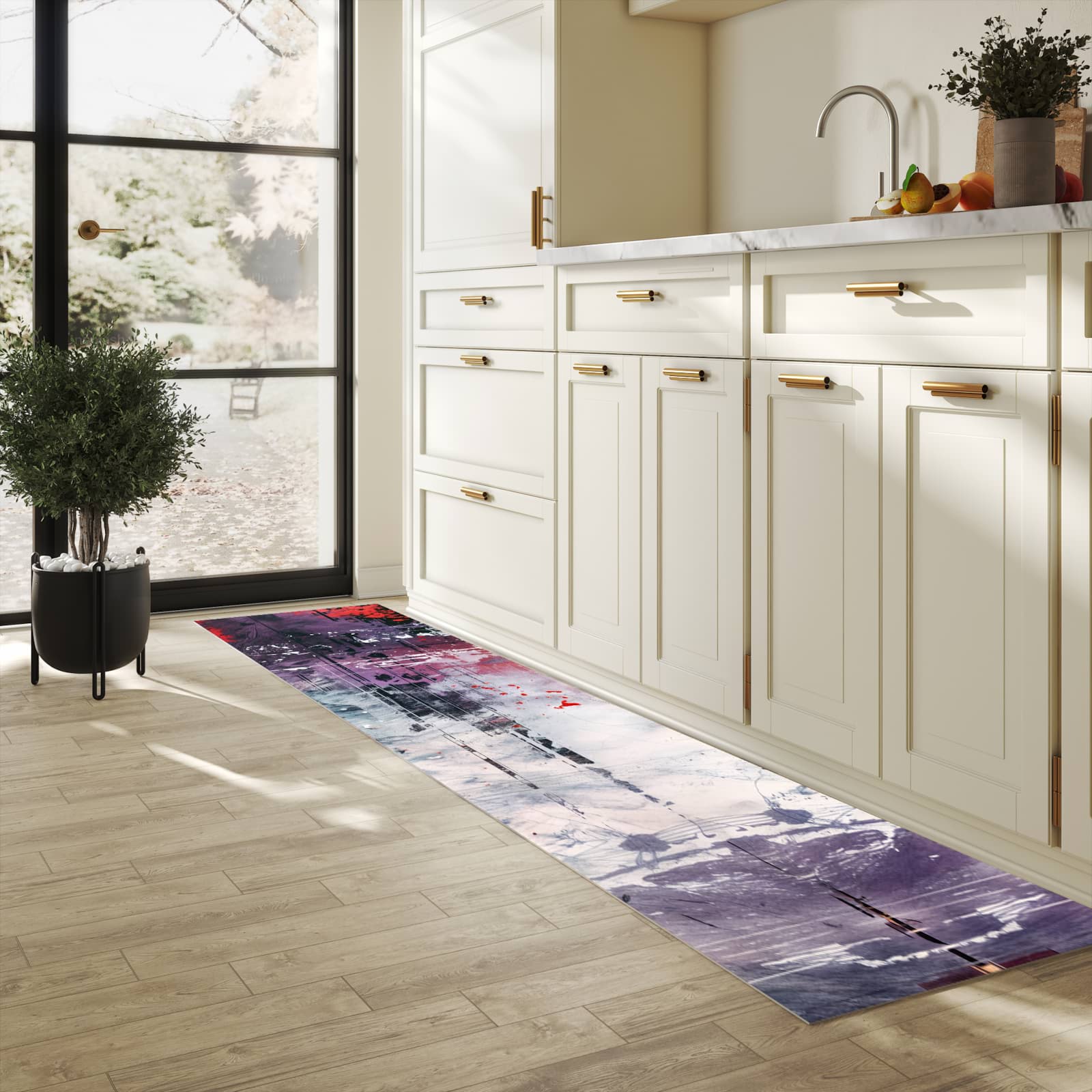 Farbbeständiger waschbarer Küchenteppich mit Motiv Kunst von Abstrakte in heller Küche