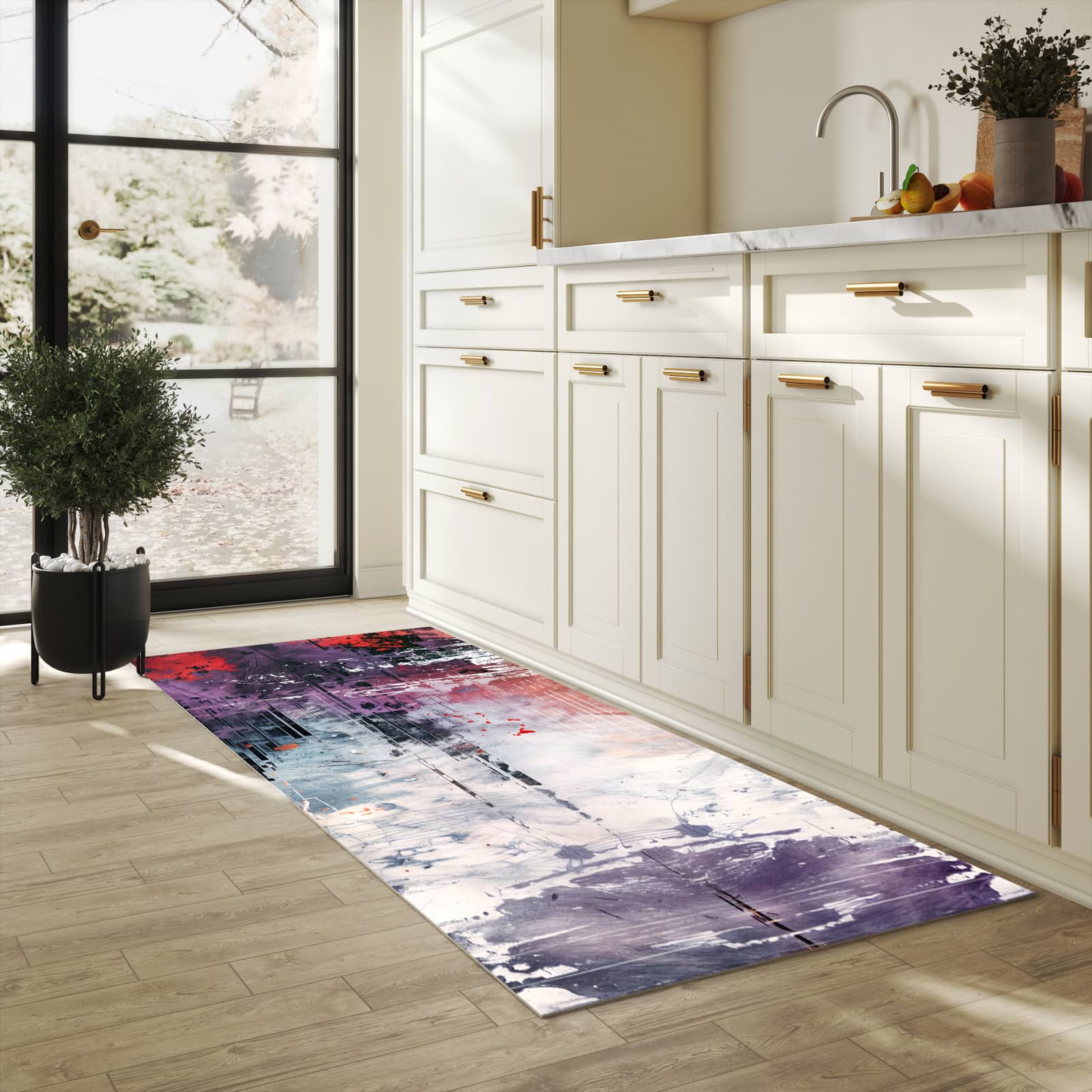 Rutschfester Küchenläufer mit Motiv Kunst von Abstrakte für Trittkomfort in heller Küche