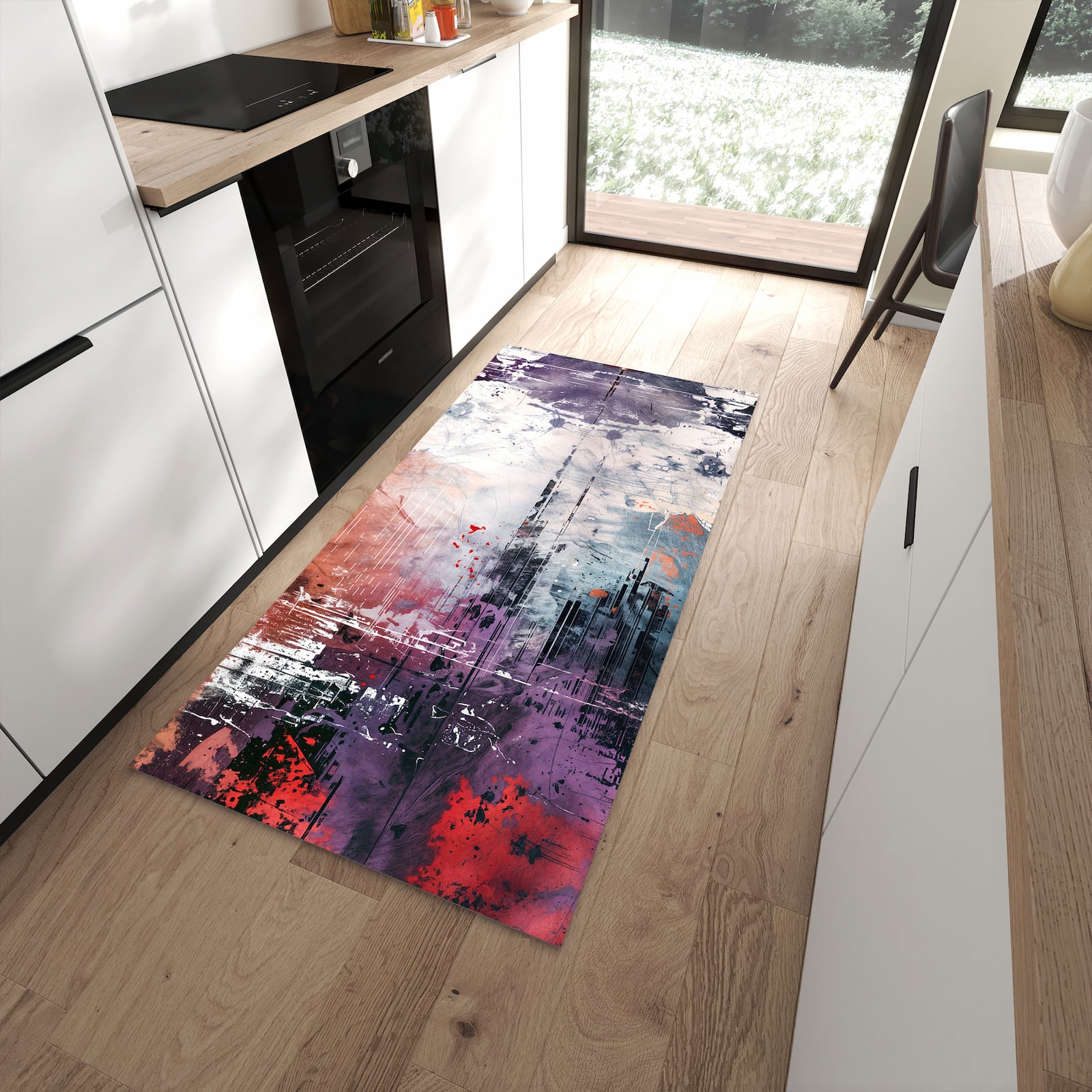 Langlebiger Küchenteppich mit Motiv Kunst von Abstrakte in moderner Küche