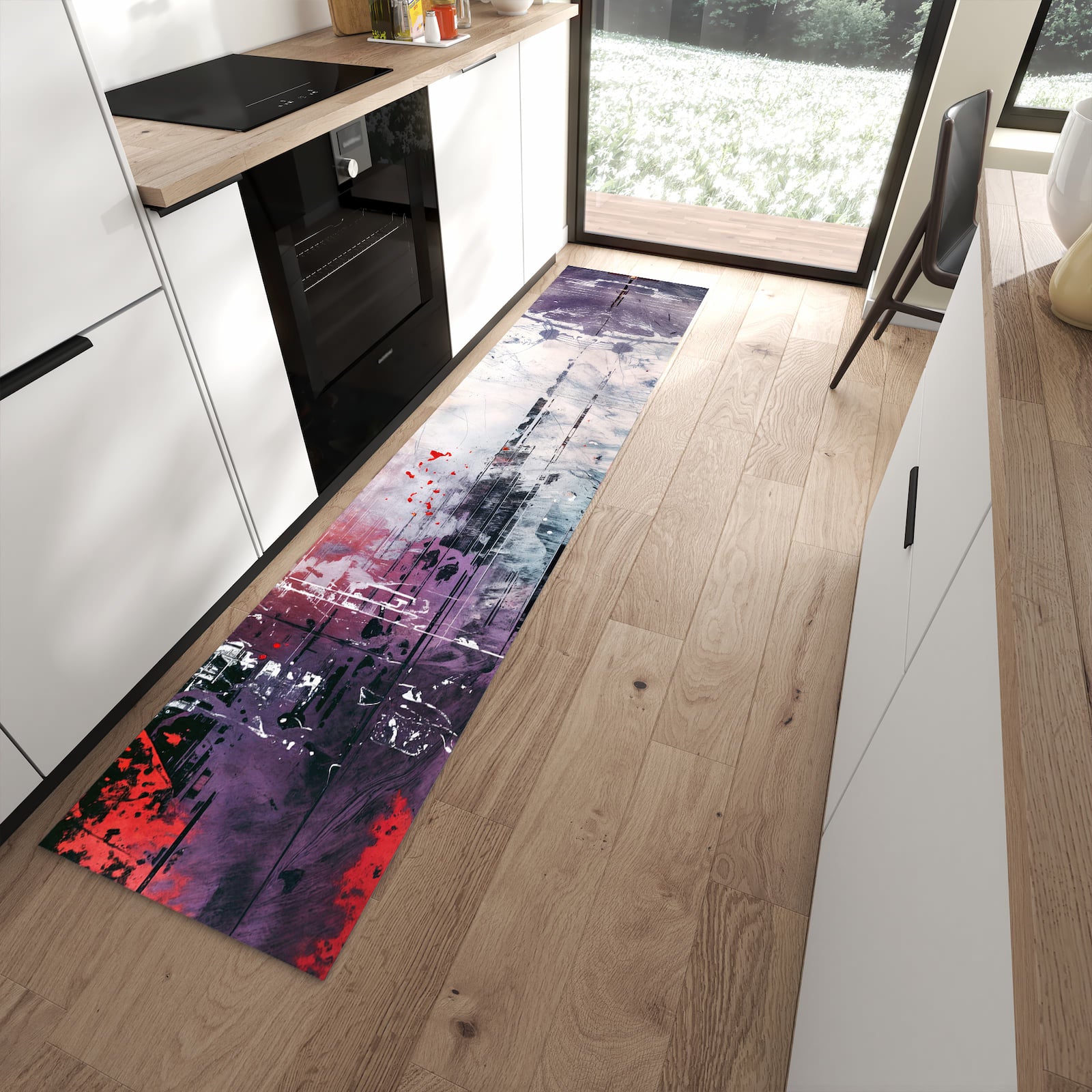 Abriebfester moderner Küchenläufer mit Motiv Kunst von Abstrakte in moderner Küche