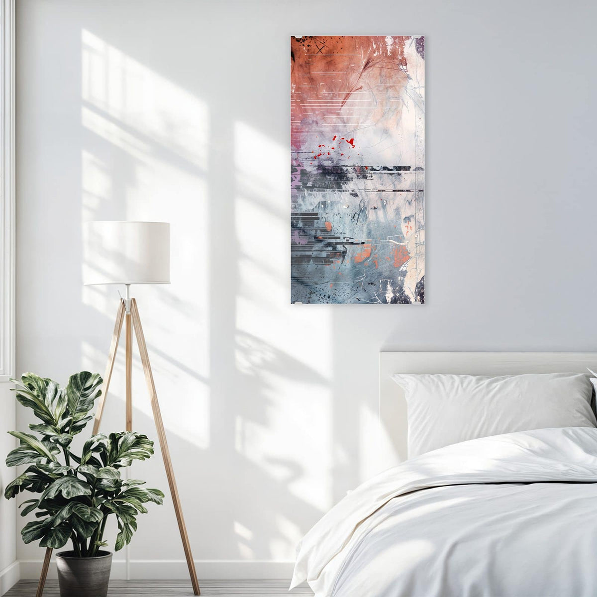 Glasbild Farbschlieren in Lila an der Wand – Verwischte waagerechte Farbschlieren in Lila, Rot und Grau mit Kratzern