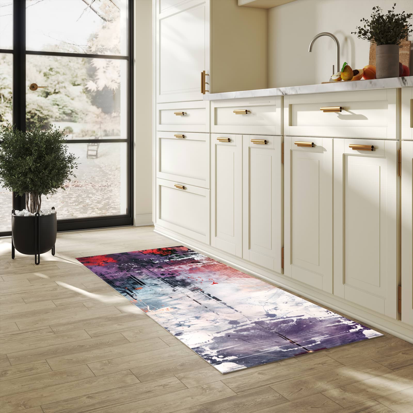 Rutschfester Küchenteppich mit Motiv Kunst von Abstrakte in heller Küche für sicheren Stand