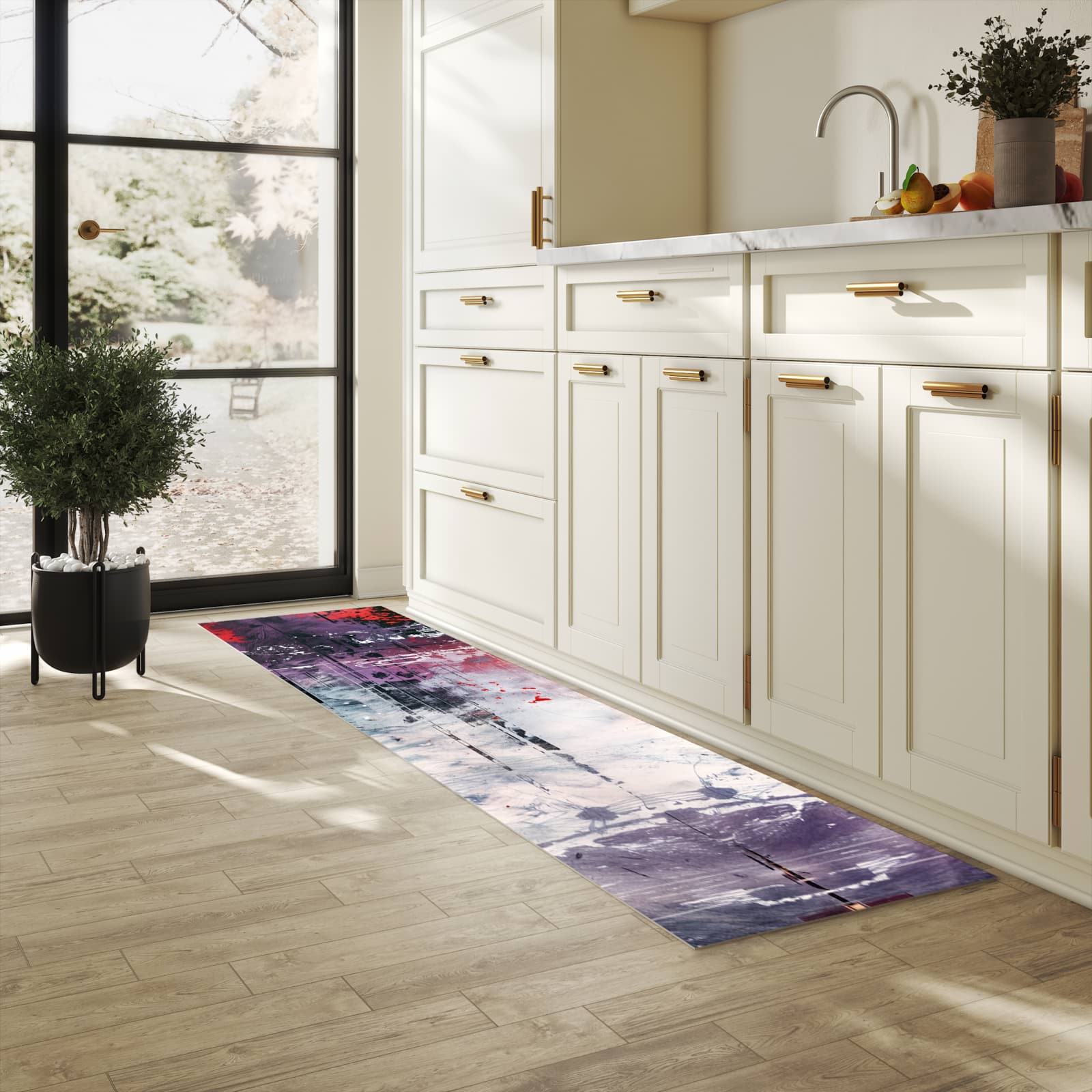 Bodenschonender waschbarer Küchenteppich mit Motiv Kunst von Abstrakte in heller Küche