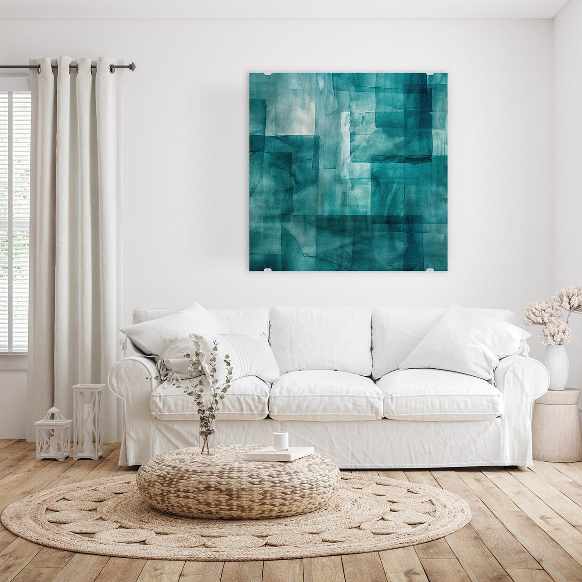 Glasbild Transparente Rechtecke an der Wand – Überlagerte halbtransparente Rechtecke in Petrol und Mint