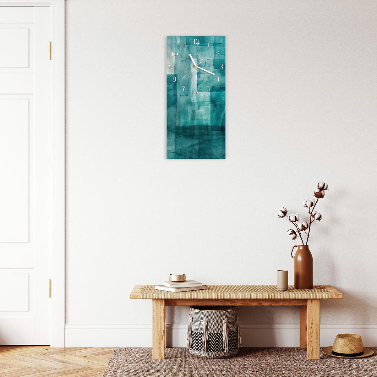Moderne Wanduhr aus Glas mit Farbtiefe – Wanduhr Abstrakte Formen aus Glas – Hochformat 30 × 60 cm