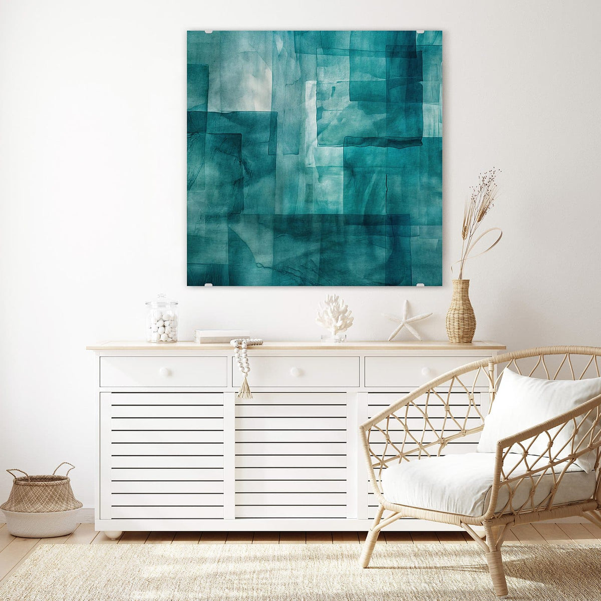 Glasbild Transparente Rechtecke an der Wand – Überlagerte halbtransparente Rechtecke in Petrol und Mint