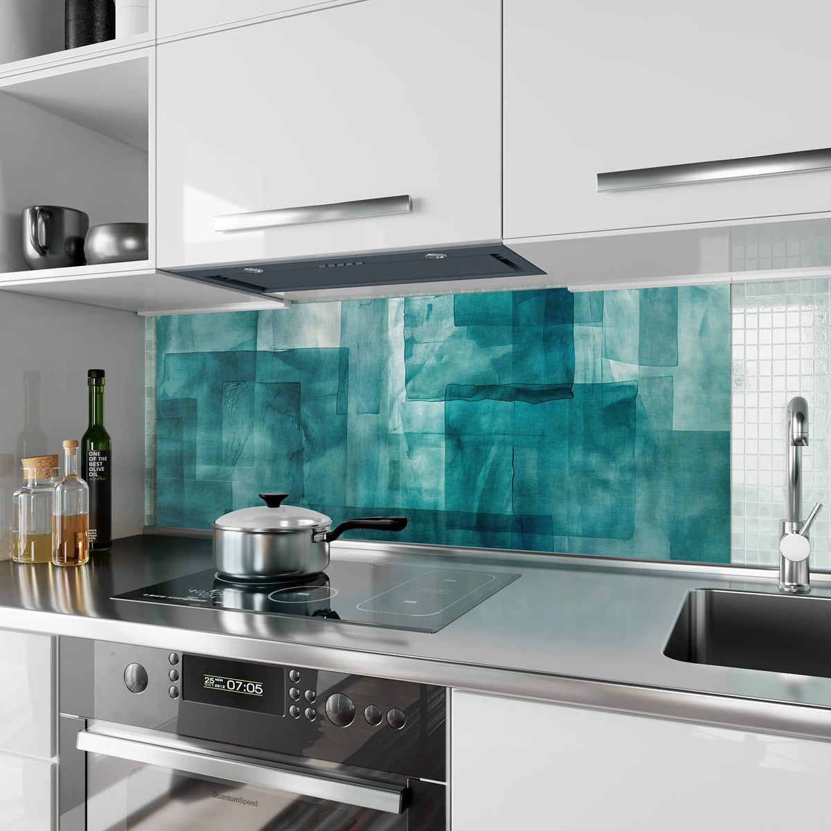 Küchenrückwand aus Glas Transparente Rechtecke im Hochformat als Spritzschutz hinter dem Kochfeld, über dem Fliesenspiegel montiert