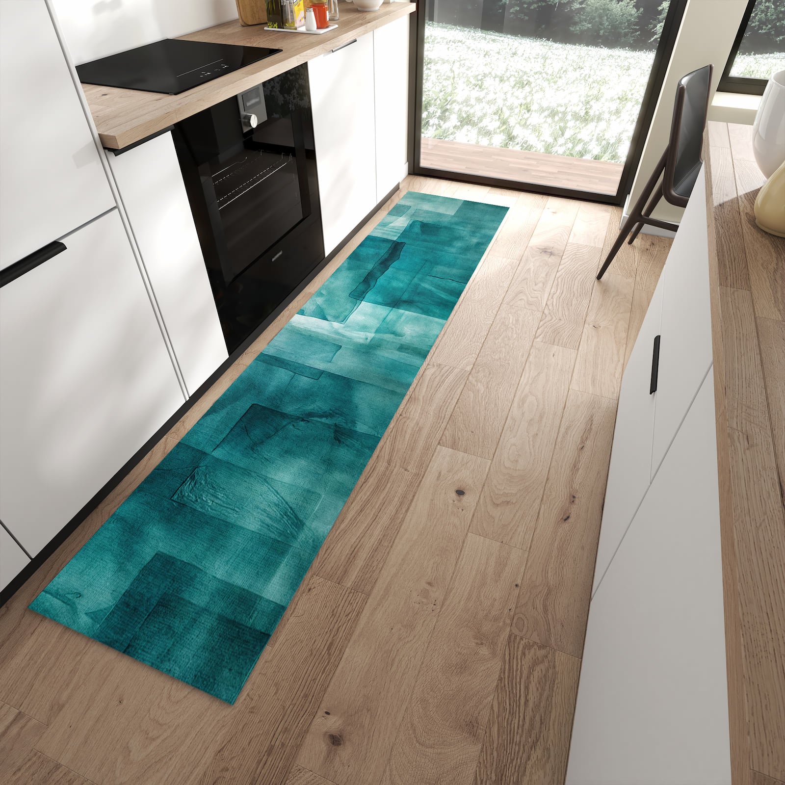 Strapazierfähiger rutschfester Küchenteppich mit Motiv Abstrakte Formen in moderner Küche