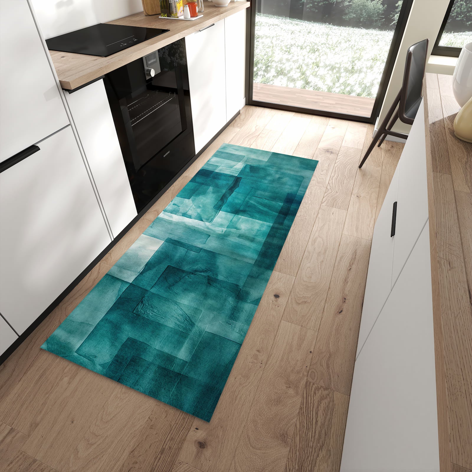 Rutschfester Küchenläufer mit Motiv Abstrakte Formen in moderner Küche