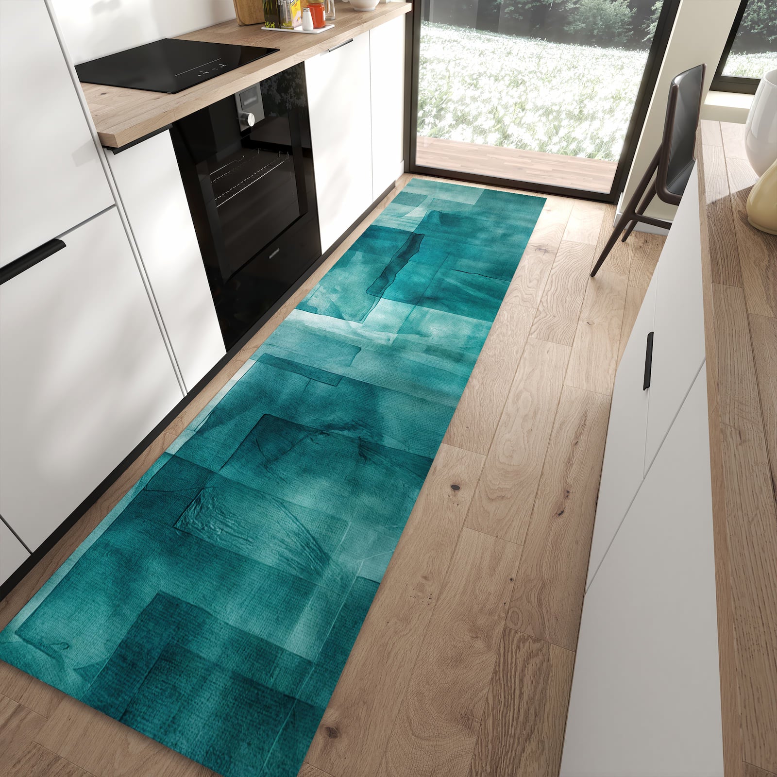 Rutschfester Küchenläufer mit Motiv Abstrakte Formen für Ordnung in moderner Küche