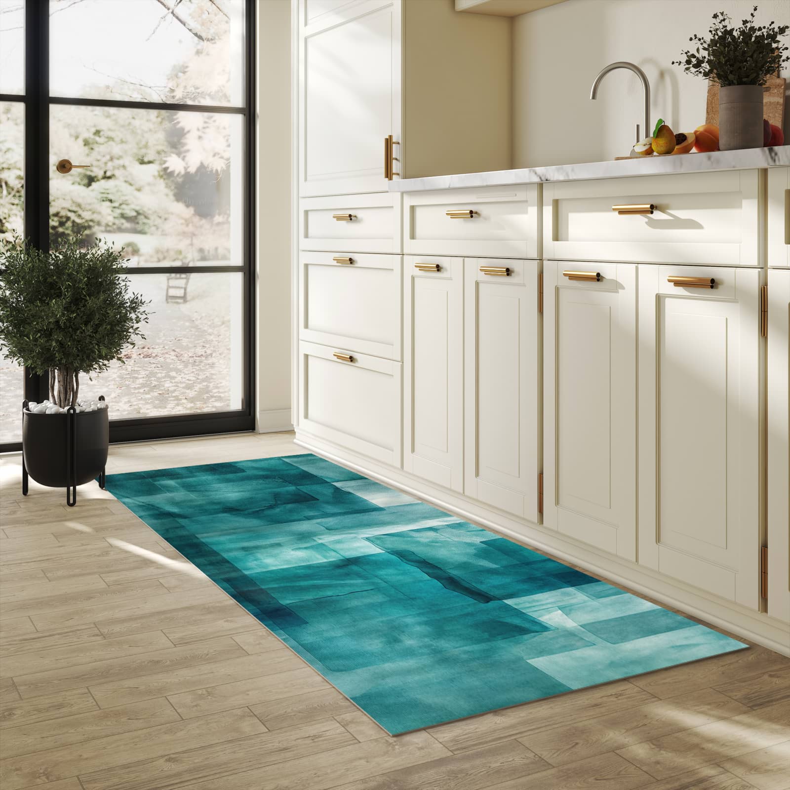 Langlebiger Küchenteppich mit Motiv Abstrakte Formen in heller Küche