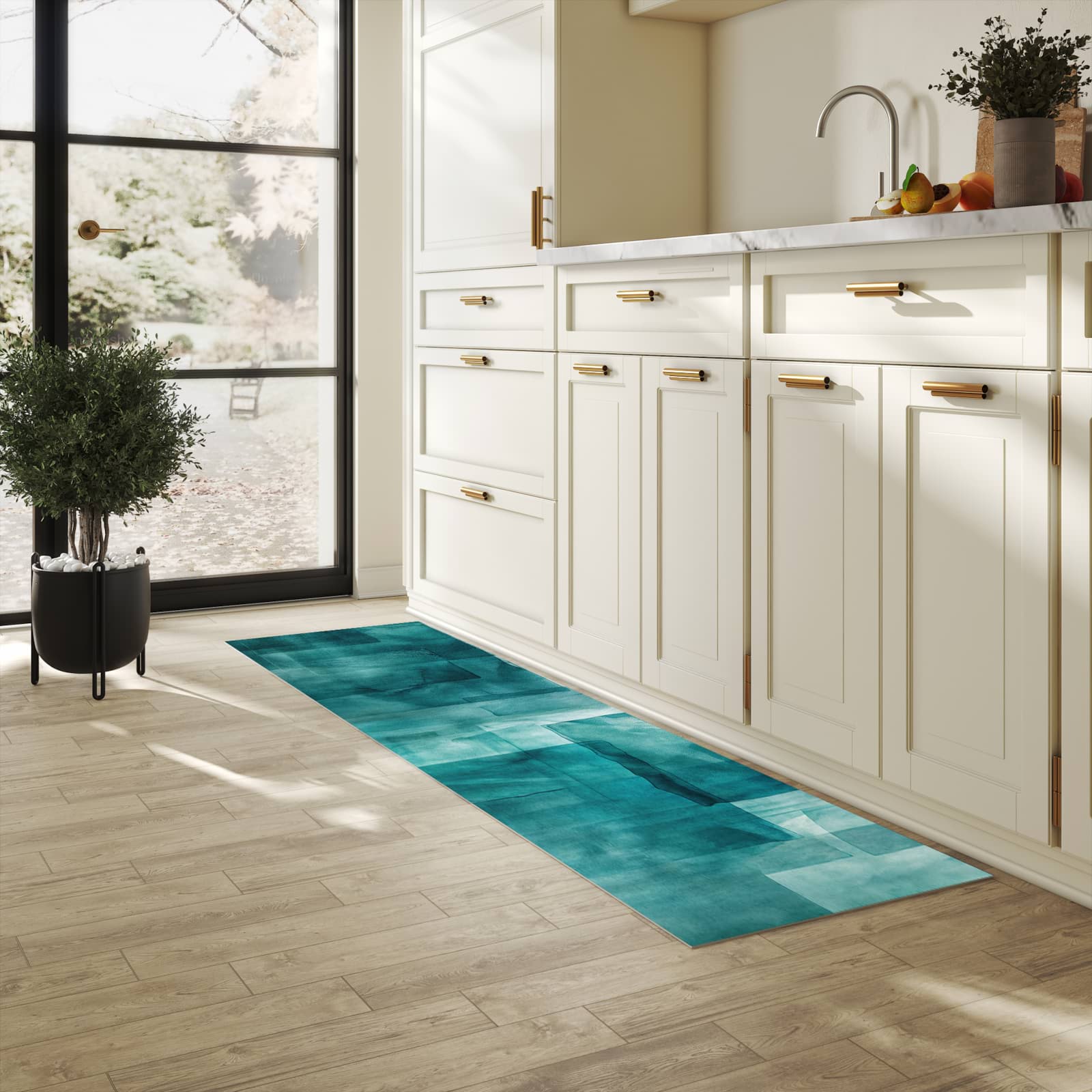 Flacher Läufer mit Motiv Abstrakte Formen für rutschfesten Halt in heller Küche