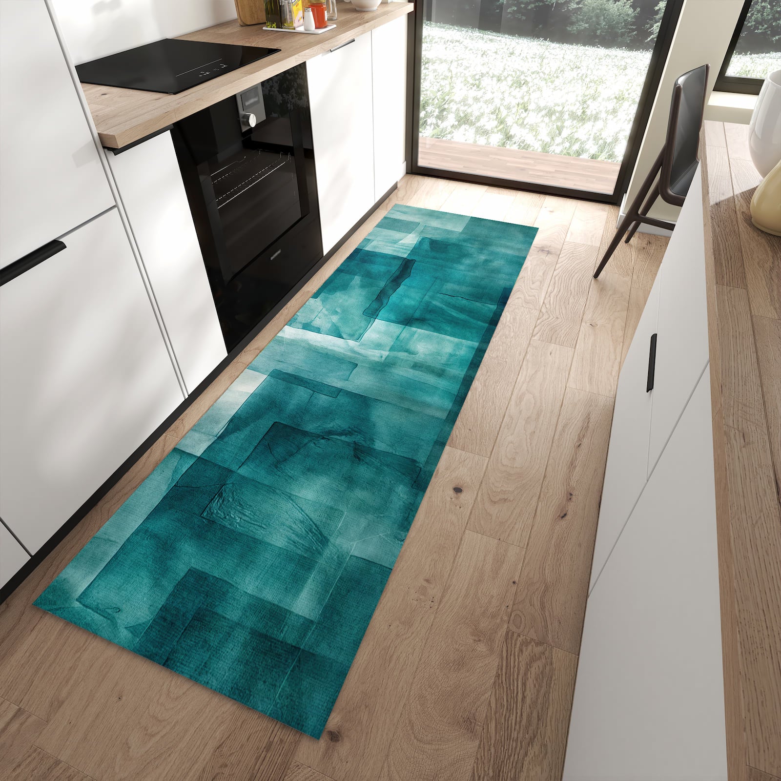 Feuchtigkeitsresistenter Küchenläufer mit Motiv Abstrakte Formen in moderner Küche