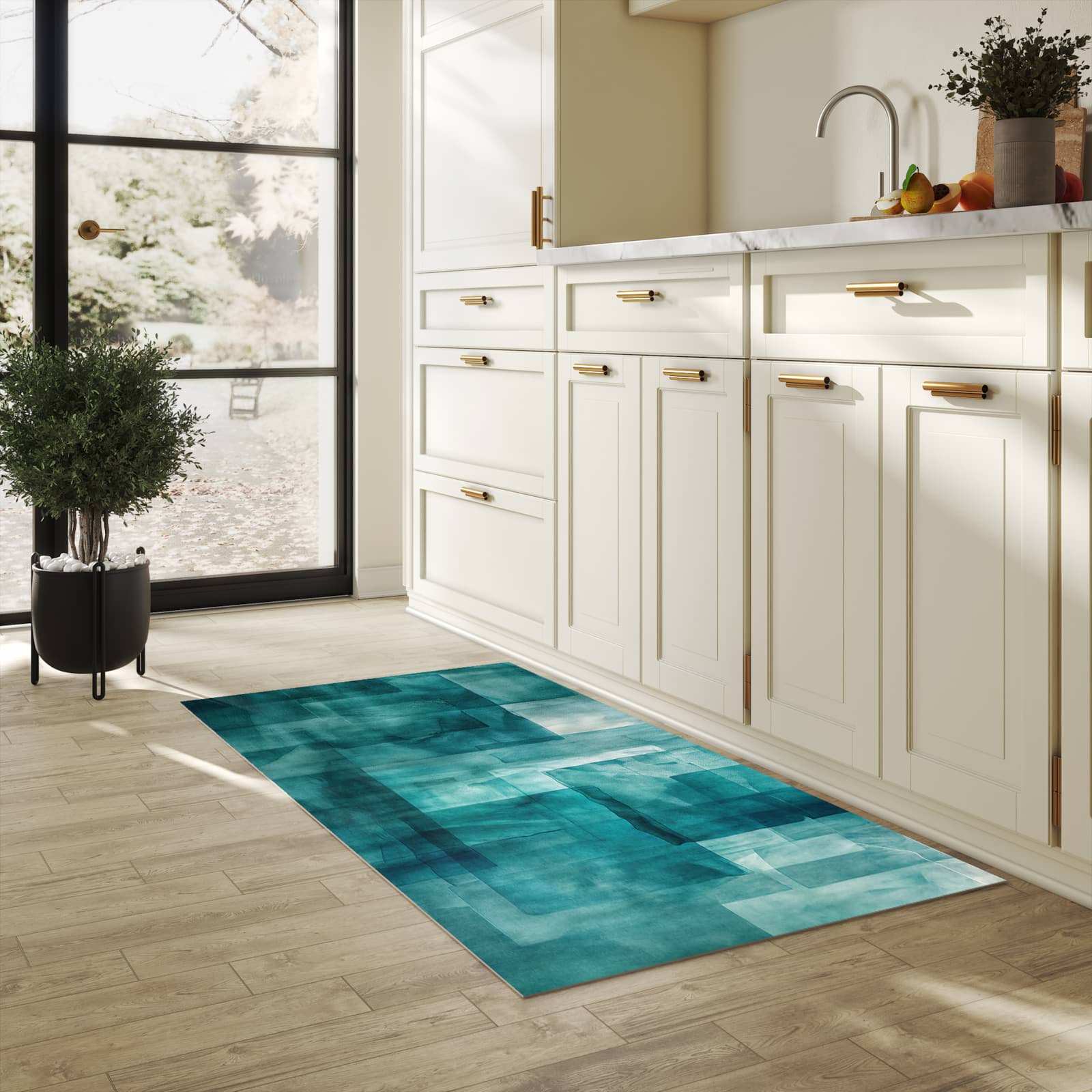 Waschbarer Bodenläufer Teppich mit Motiv Abstrakte Formen in heller Küche