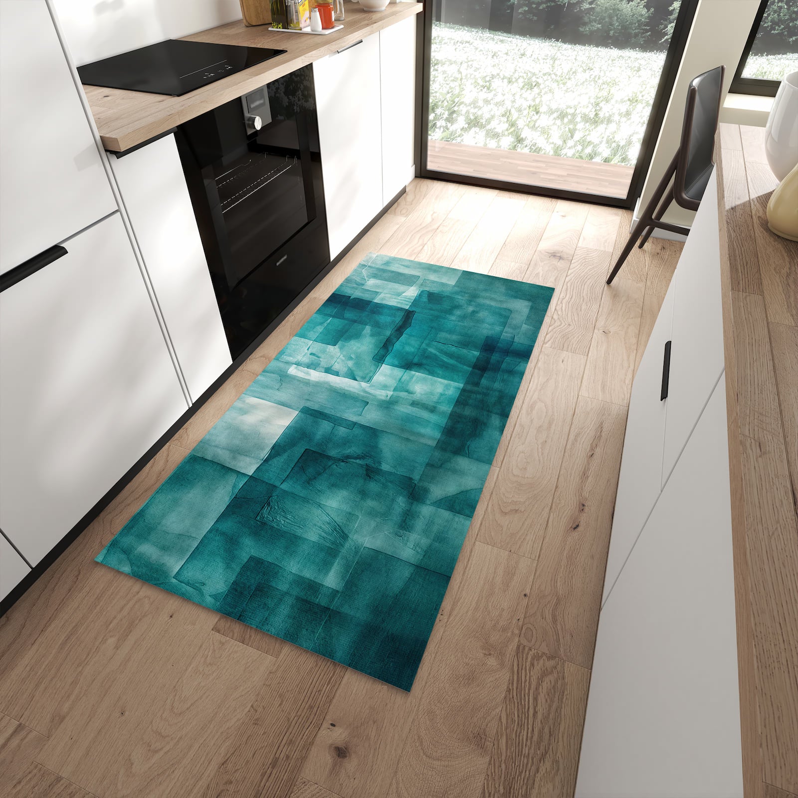 Bodenschonender rutschfester Küchenläufer mit Motiv Abstrakte Formen in moderner Küche