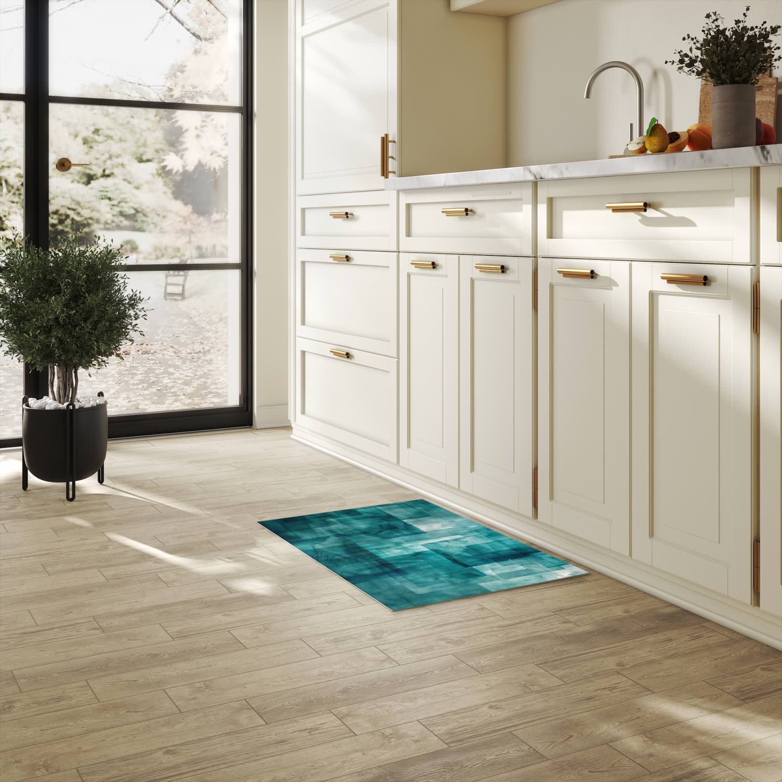 Rutschfester dünner Küchenteppich mit Motiv Abstrakte Formen in heller Küche