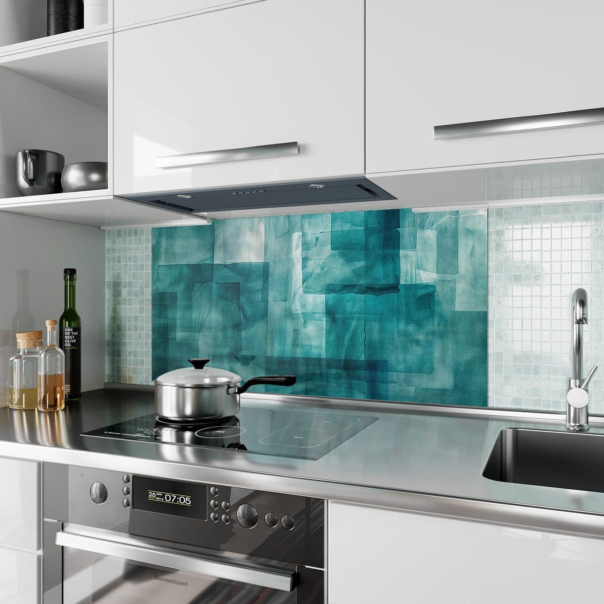 Küchenrückwand aus Glas Transparente Rechtecke im Hochformat als Spritzschutz hinter dem Kochfeld, über dem Fliesenspiegel montiert