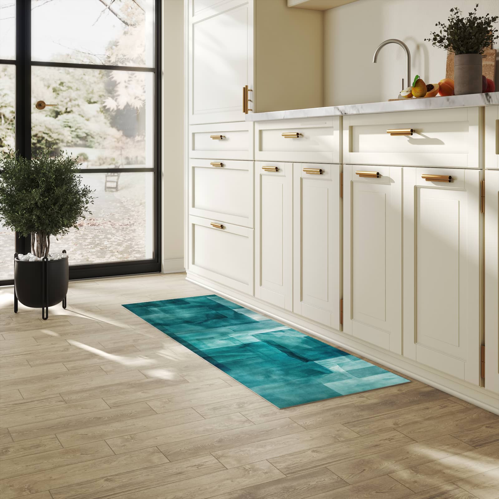 Langlebiger Läufer mit Motiv Abstrakte Formen für Eingangsbereich in heller Küche