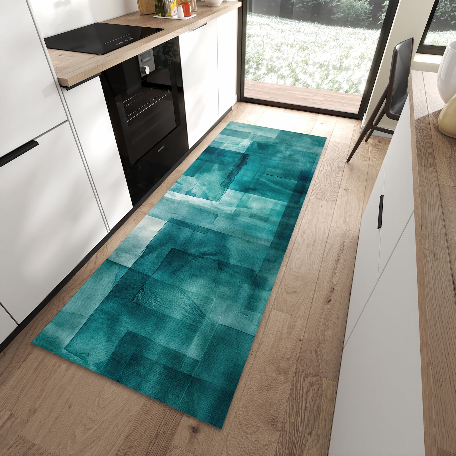 Farbbeständiger waschbarer Küchenläufer mit Motiv Abstrakte Formen in moderner Küche