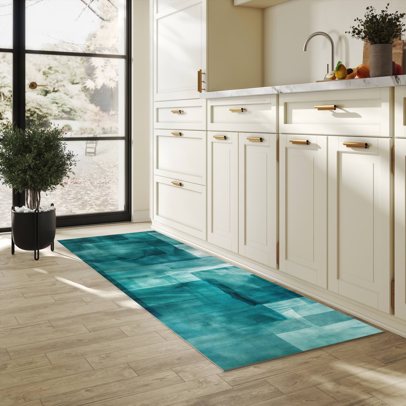 Küchenteppich mit angenehmer Haptik und Motiv Abstrakte Formen in heller Küche, waschbar