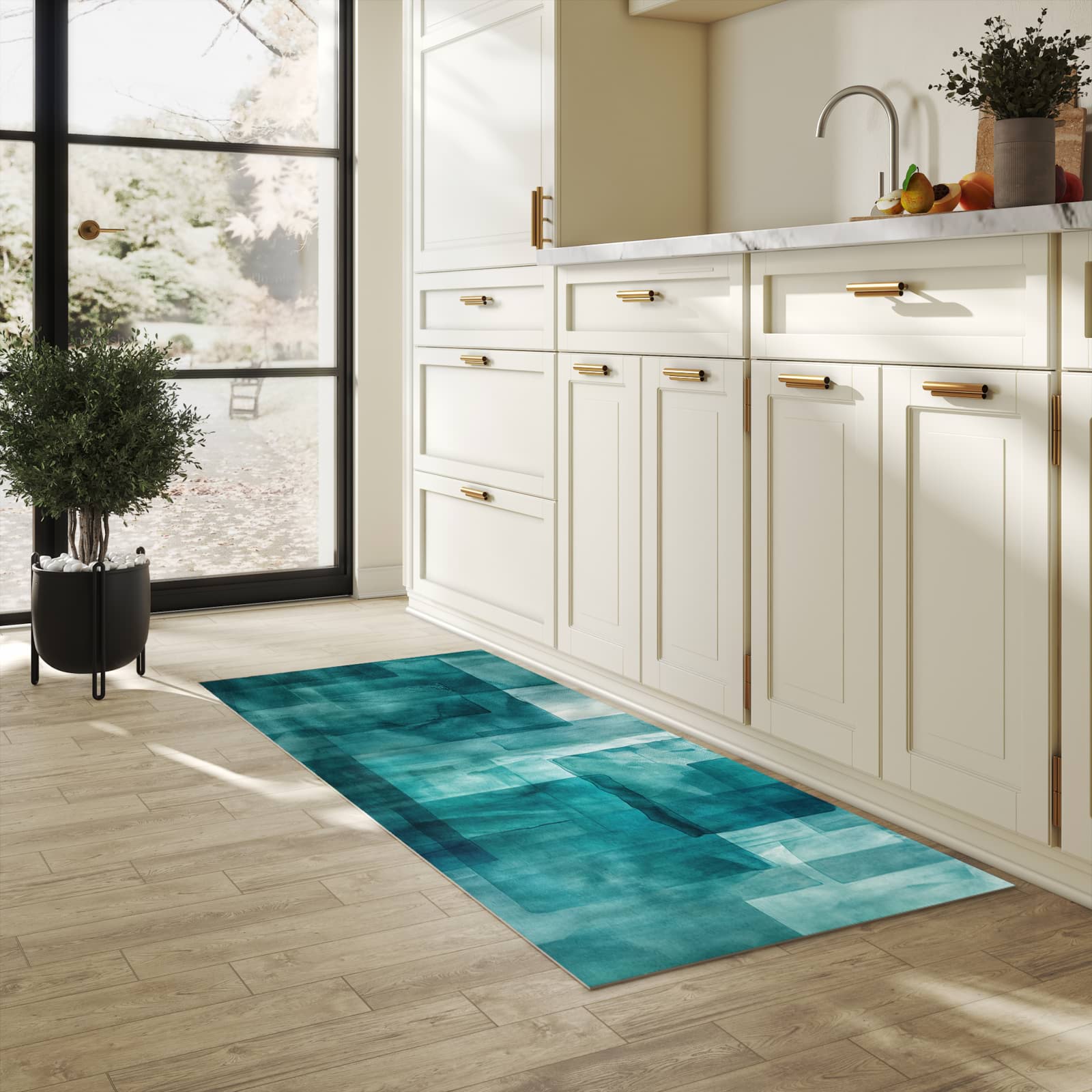 Waschbarer Teppich fürs Esszimmer mit Motiv Abstrakte Formen in heller Küche