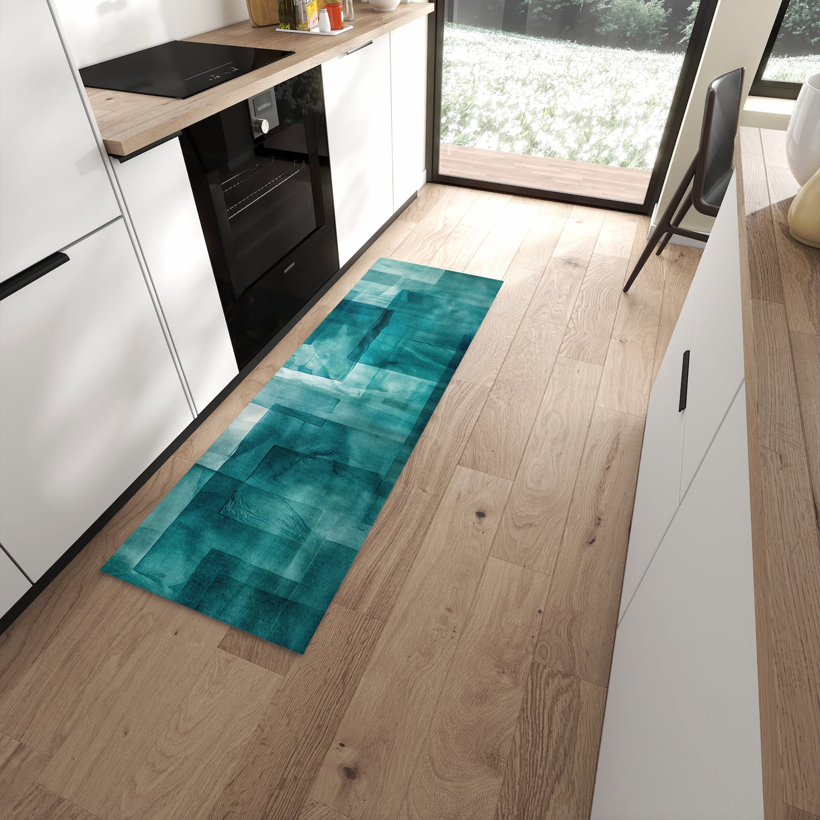 Küchenteppich mit Motiv Abstrakte Formen für angenehmes Stehen in moderner Küche