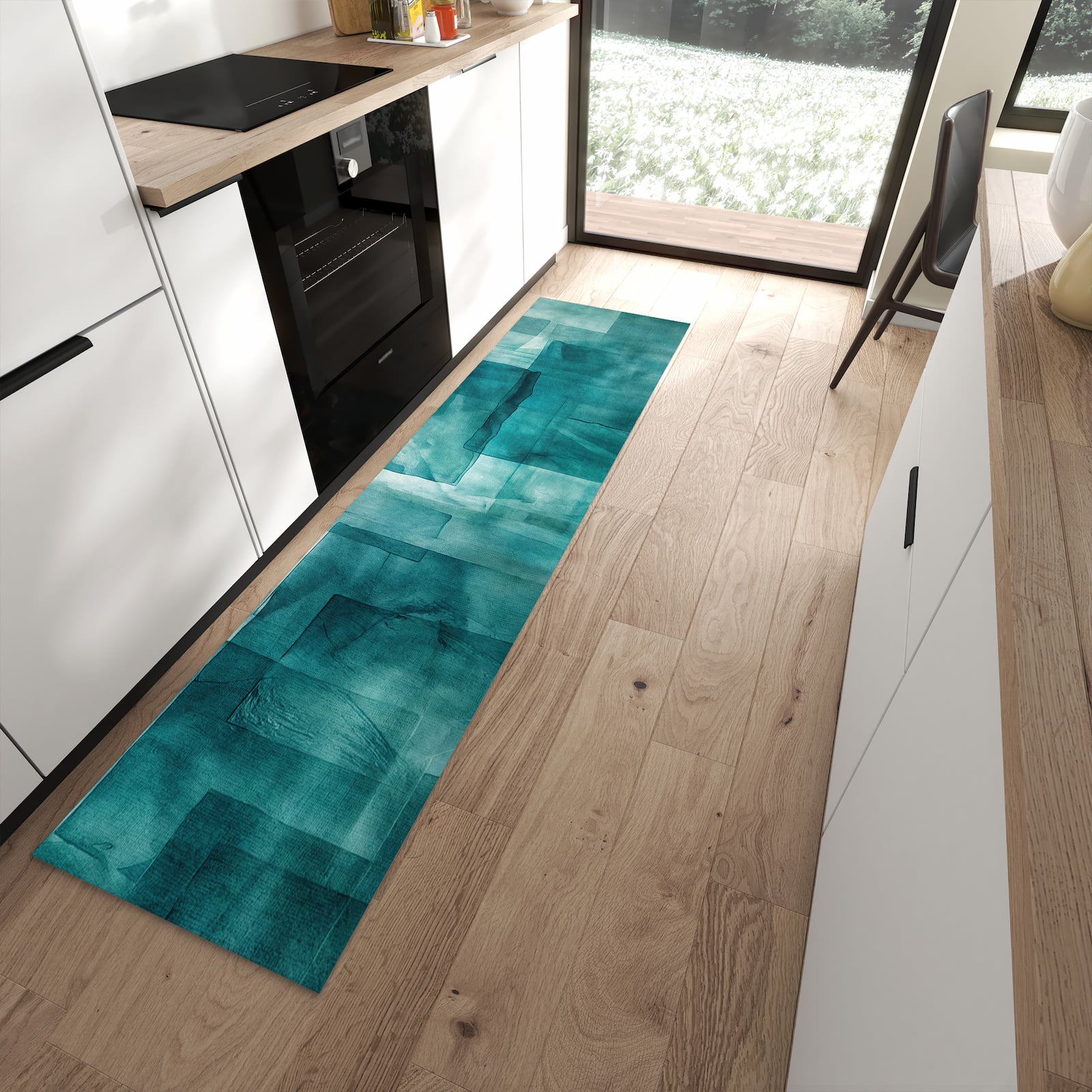 Hygienischer großer Küchenteppich mit Motiv Abstrakte Formen in moderner Küche