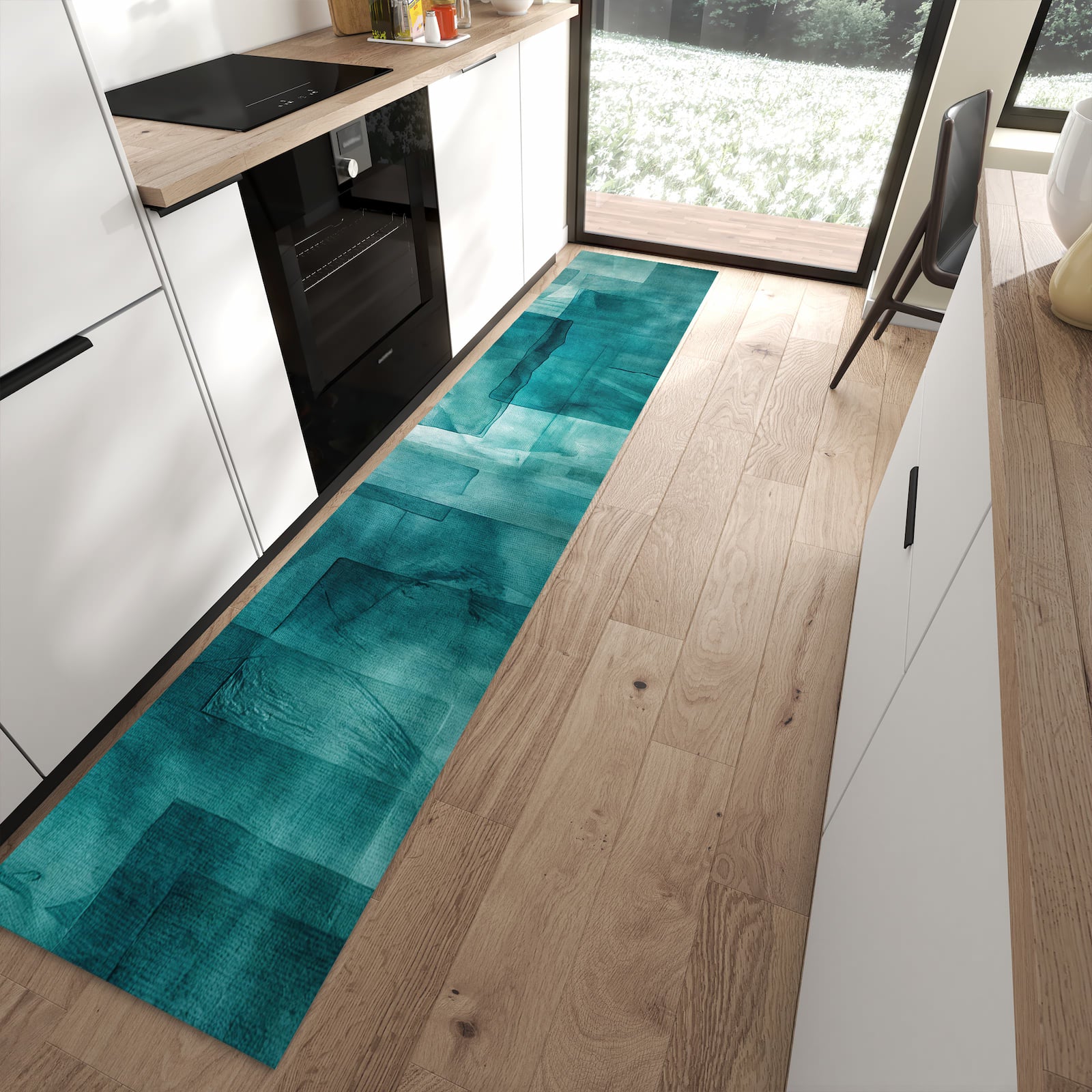 Waschbarer Küchenteppich mit Motiv Abstrakte Formen in moderner Küche